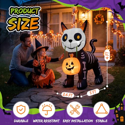 5FT Halloween Skeleton Black Cat Inflatable Outdoor Decoration - Glowing Jack-o'-lantern