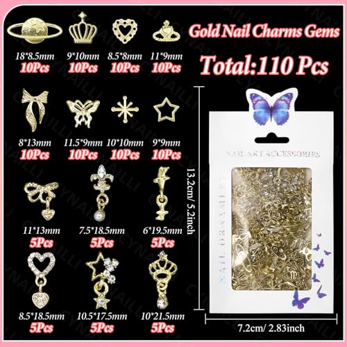 110 Pcs Gold Nail Charms & Gems Set with Stars Hearts Bows & Planets - S1
