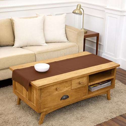 Pure Linen Dining Table Runner Brown Hemstitch 14 x 60 Inches - Handcrafted