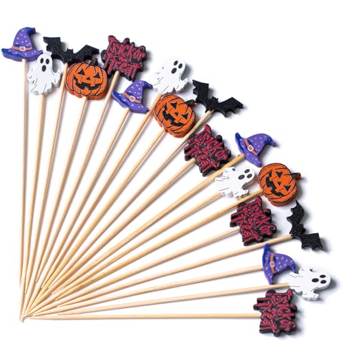 Halloween Cocktail Picks 4.7 Inch - Multicolor 100pcs Bamboo Skewers for Appetizers & Drinks