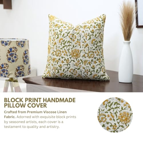 20x12 Inch Handmade Block Print Viscose Linen Throw Pillow Cover Yellow