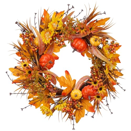 Autumn Fall Wreath for Front Door Decor - Orange Harvest Thanksgiving 19 Inches - PurpleSwan
