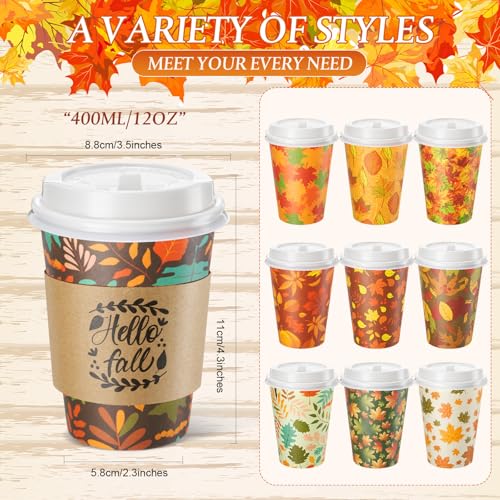 Fall Disposable Coffee Cups with Lids & Sleeves - 12oz, 10 Styles, 120 Pack