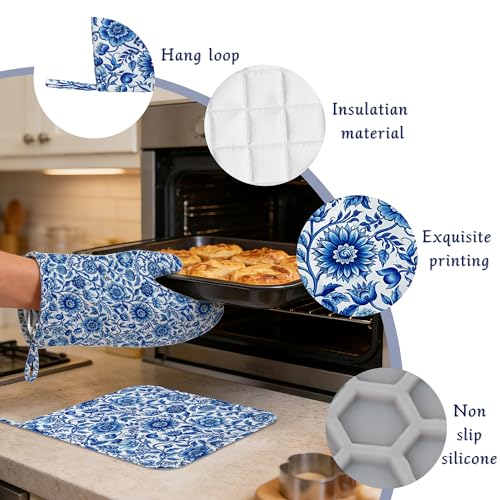 Blue White Floral Oven Mitts & Pot Holders Set - Heat-Resistant Silicone Kitchen Gloves - 4 Pack