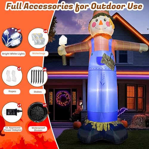 12FT Inflatable Scarecrow Yard Decor with LED Lights for Fall Halloween Thanksgiving