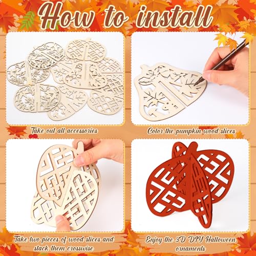 Hollow Wooden Pumpkin Craft Kit - 60 Pieces, 7.9 Inch Fall Decor