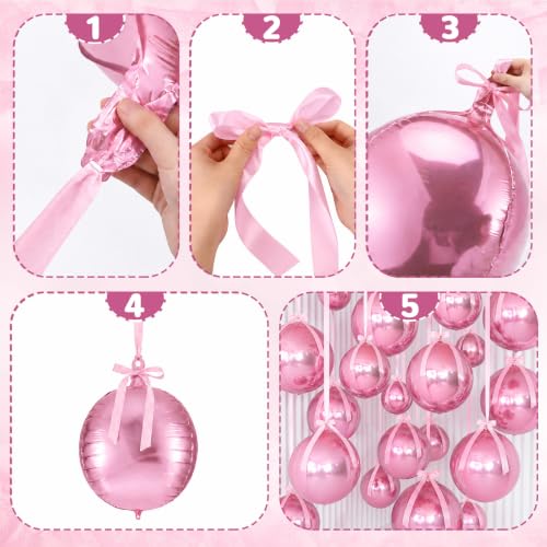 Pink Metallic Foil Balloons Set - 3 Sizes with Ribbons, Reusable Celebration Decor