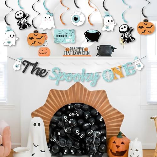 Halloween Birthday Banner & Hanging Decorations Kit - Ghost, Pumpkin, Bat Streamers, Blue Theme