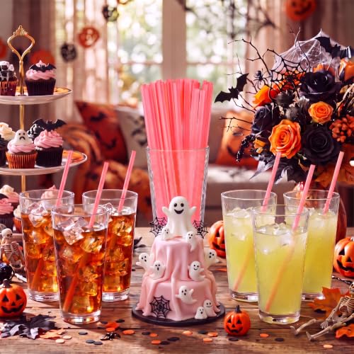 Potchen 100 Pcs Pink Halloween Ghost-Shaped Plastic Drinking Straws