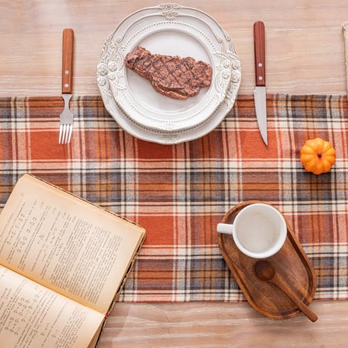 AQOTHES Fall Thanksgiving Rust Orange Plaid Table Runner 13x108 Inches