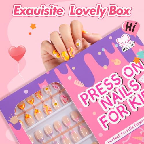 Kids Colorful Flower Press-On Nails Set with Glue - Old Colorful Flower Variation
