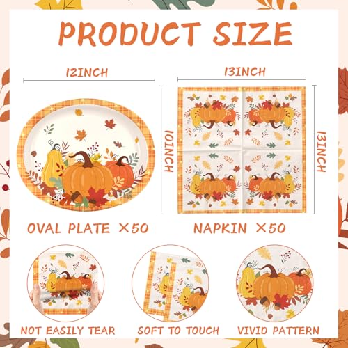 Fall Pumpkin Paper Plates & Napkins Set for 50 Guests - Autumn Party Tableware