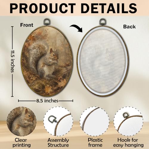 Fall Forest Squirrel Canvas Wall Art - Oval Framed Decor 11x8.5 Inch - Variation: Squirrel