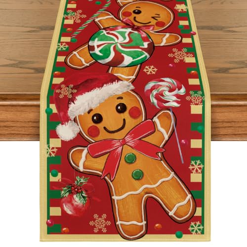 Gingerbread Xmas Table Runner 13x72 Inch Home Party Decor - Red Yellow Variation
