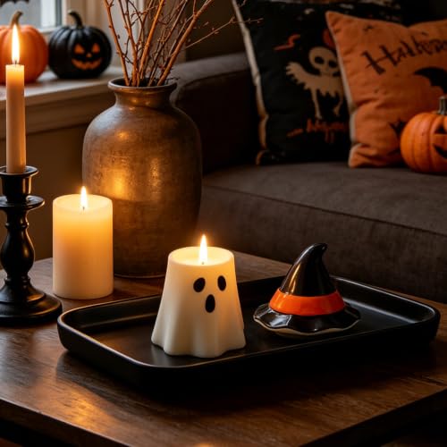 Ghost Jar Candle with Witch Hat - Halloween Decor, Soy Wax, Reusable Ceramic