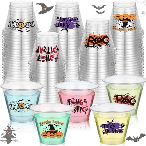 Halloween Party Cups Set - 100 Clear 9 oz Disposable Plastic Cups with Spooky Designs
