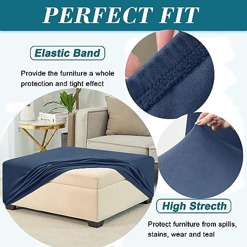 Medium Blue Velvet Ottoman Cover - Square Slipcover with Elastic Bottom, Washable & Protective