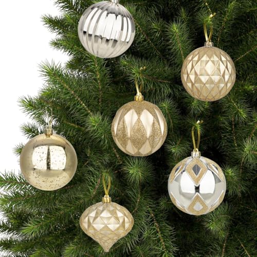 Christmas Ball Ornaments Set - 12 Shatterproof Plastic Decorations, Champagne, 100mm