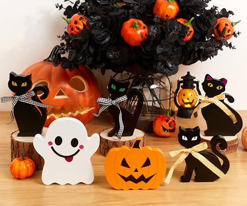 Halloween Wooden Centerpiece Sign Set - Ghost Pumpkin Cat - Indoor Decor