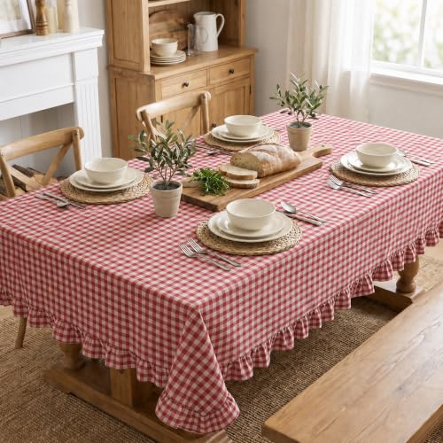 Horaldaily Beige Red Gingham Ruffled Table Cloth 60x84 Inch Rectangular