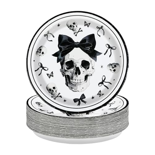 50 Pack 9-Inch Skeleton Paper Plates for Halloween Gothic Party Supplies