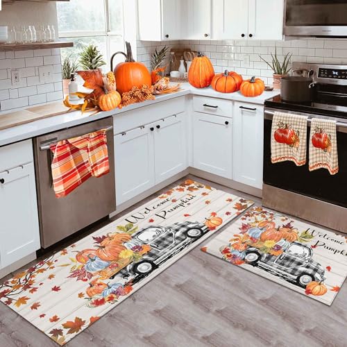 Autumn Pumpkin Welcome Mat Set of 2 - Rectangular Fall Kitchen Rugs 1'5" x 3'11"