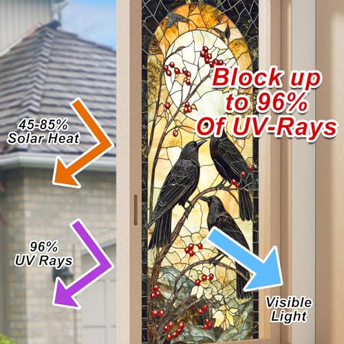 Autumn Window Cling with Black Crows and Red Berries - Halloween & Fall Decor 18x39 PVC