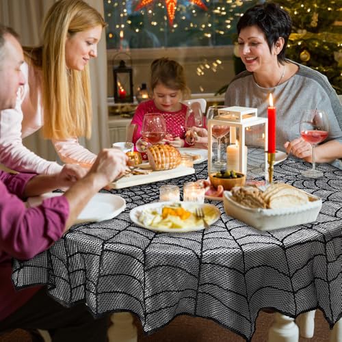 Spiderweb Lace Halloween Tablecloth - 51 Inch Round Black Indoor Decor