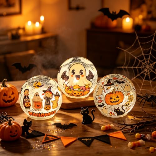 White Elf Halloween Crackle Glass Ball Lights - 3 PCS LED Table Lamps with Timer