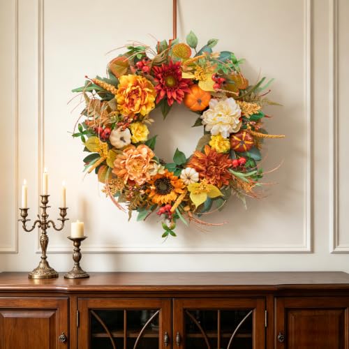 Artificial Fall Wreath for Front Door - Orange Peony & Pumpkins - Harvest Seasonal Decor