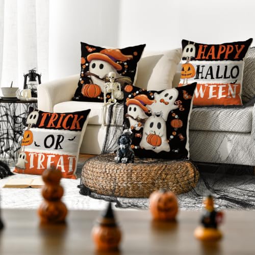 Halloween Pumpkin Ghost Throw Pillow Covers 20x20 Inch Set of 4 - Black