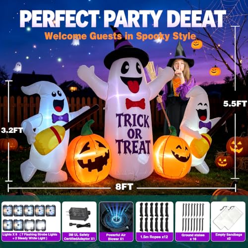 8FT Halloween Inflatable Ghosts with Broom & Pumpkins LED Yard Decor - Black & White