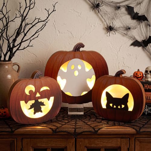 Halloween Lighted Pumpkin Table Decor Set with Ghost Cat Bat - Pinkunn