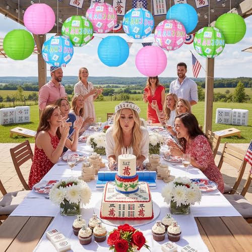 Panelee Mahjong Party Decorations - 12 Hanging Paper Lanterns - Mahjong Theme Variation