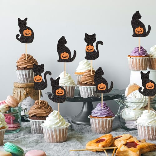 Halloween Cat Cupcake Toppers Pumpkin Kitty Set - 24 Pcs