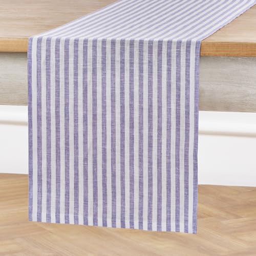 Linen Table Runner 14x48 Inch - Violet & White Stripes, Handcrafted, Medium Size