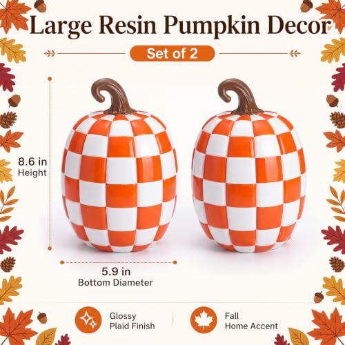 Large Orange and White Resin Pumpkin Halloween Decor - 8.6 Inch Set - Fall Harvest Decorations