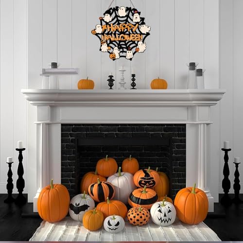 Halloween Ghost Door Sign Wreath - Rustic Wooden Wall Decor for Halloween