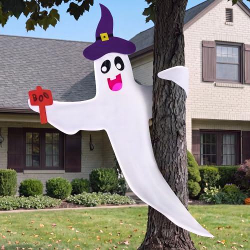 Large Outdoor Halloween Ghost Tree Wrap - 59-Inch Spooky Yard Decor with Witch Hat