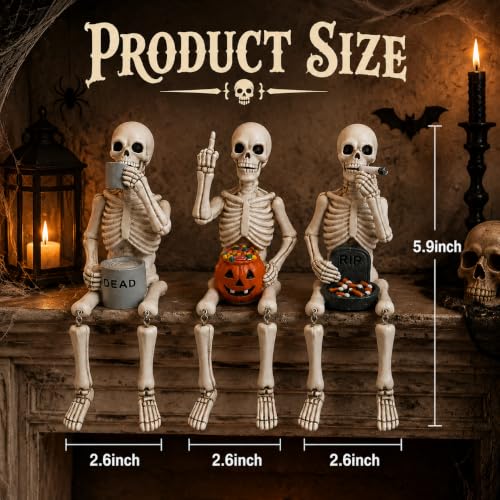 Halloween Skeleton Statues Set of 3 - Funny Shelf Sitters for Seasonal Decor - Variation 1