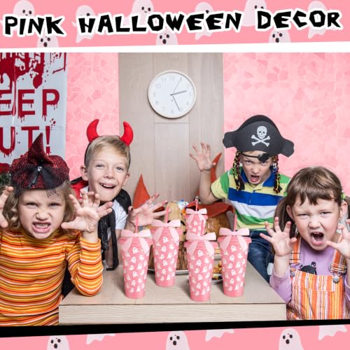 Pink Ghost Tumbler Set - 12 Reusable 24 Oz Halloween Cups with Straw & Lid