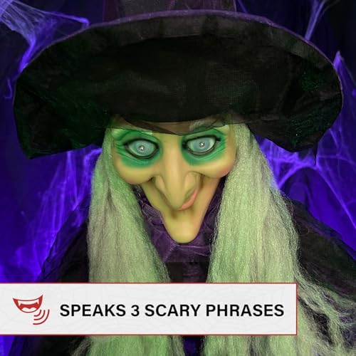 72-Inch Life-Size Talking Witch with Broomstick Halloween Animatronic - Touch Activated Lights and Sound
