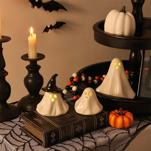 Ceramic Light-Up Halloween Ghost Decor Figurines - Indoor Party Decorations, 3 Pack
