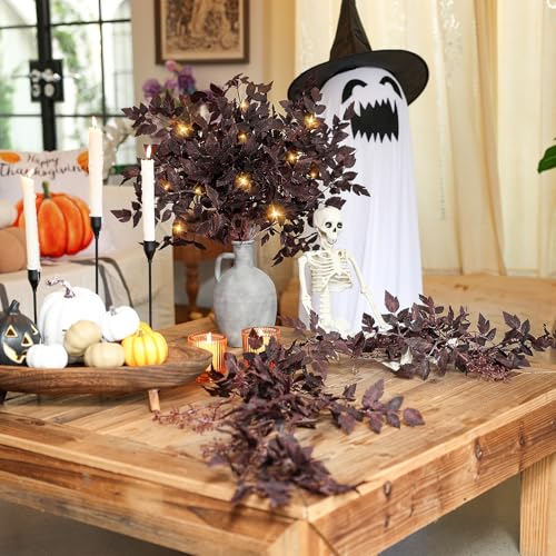 Artificial Fall Maple Leaf Stems with Lights - 6 Pack, 24 Inches