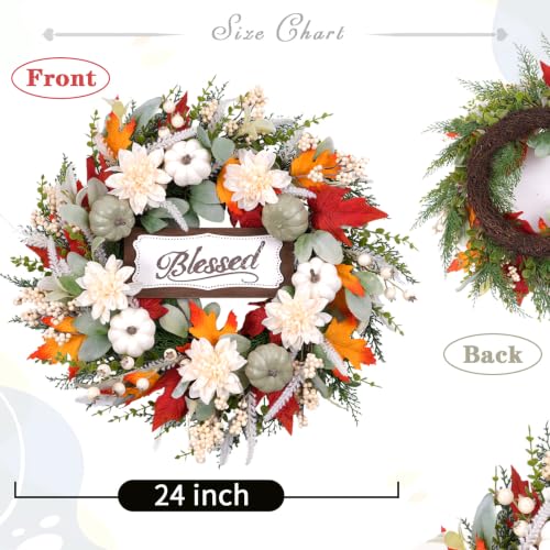 Idyllic 24-Inch Fall Wreath with Pumpkins Dahlias and Decorative Sign for Front Door