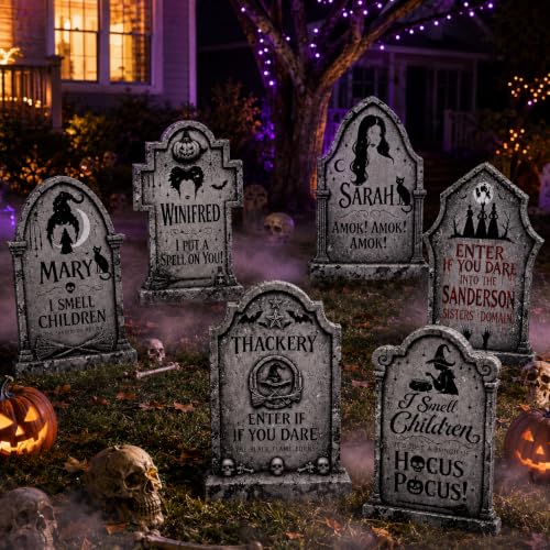 Outdoor Halloween Tombstone Yard Decorations with Stakes - Grey, 6 Pack Waterproof Cemetery Signs
