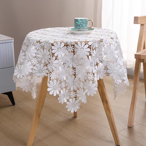 White Crochet Lace Tablecloth 36x36 Inch Rustic Farmhouse Style for Picnic & Outdoor Use