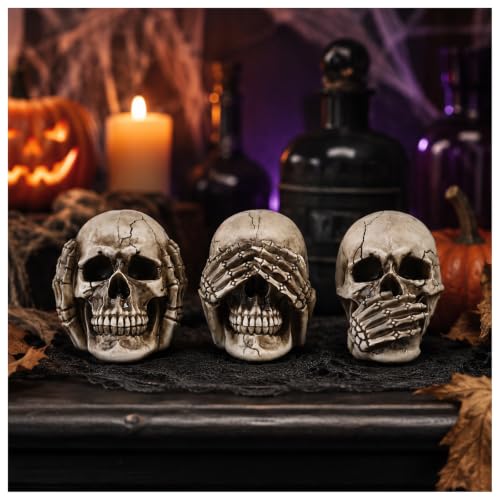 3-Piece Gothic Skull Statues Set - Hear See Speak No Evil Figurines