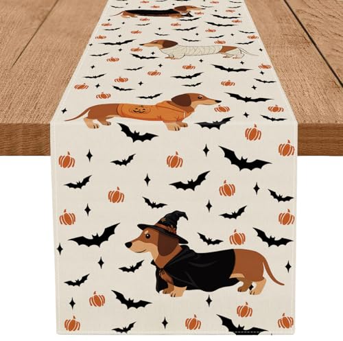 Halloween Dachshund Dog Burlap Table Runner - 13x72 Inch Seasonal Kitchen Decor