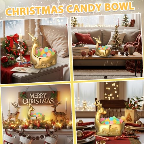 Christmas Candy Bowl Reindeer and Gold Ceramic Cookie Storage Dish - Festive Holiday Decor